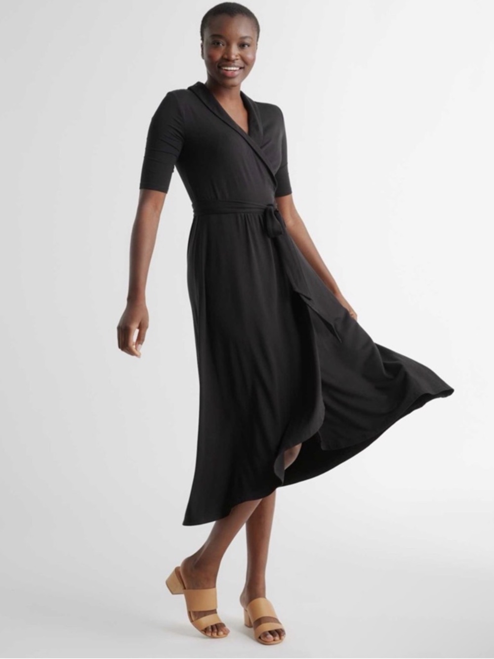 Quince Tencel Jersey Wrap Midi Dress Black Short Sleeve Tie Waist Soft Small
